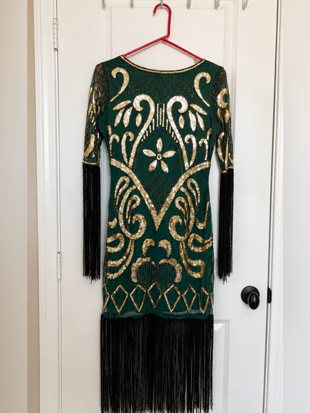 NWT BABEYOND Green Sequin Fringe Long-Sleeve Backless 1920’s Dress